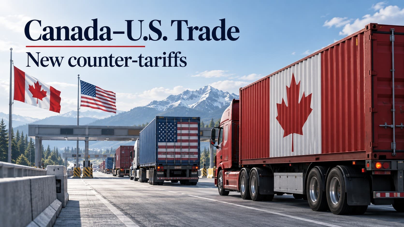 AI-generated illustration of freight trucks and Canadian and U.S. flags at a generic border crossing, illustrating new counter-tariffs.