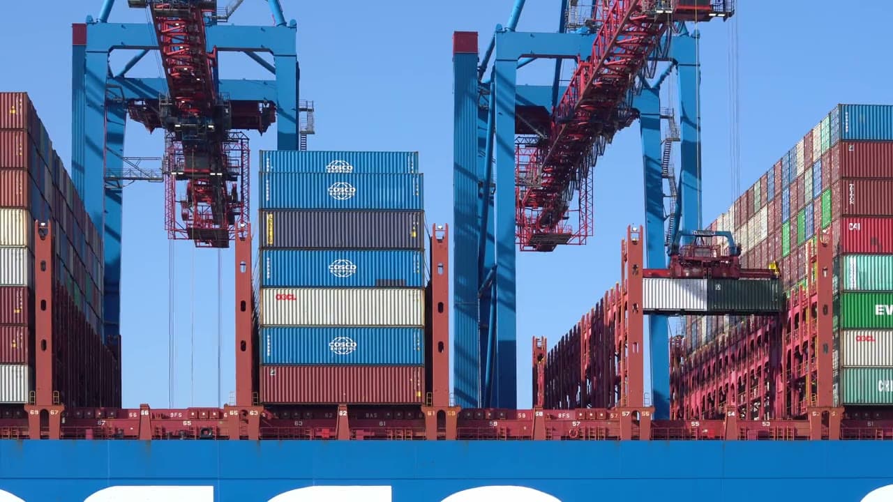 Container vessel beneath port gantry cranes