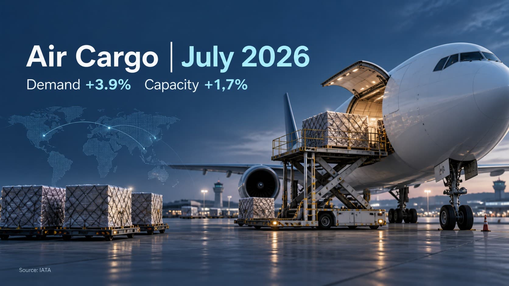AI-generated illustration of an unbranded cargo aircraft and freight pallets, highlighting July 2026 demand growth of 3.9% and capacity growth of 1.7%, based on IATA data.