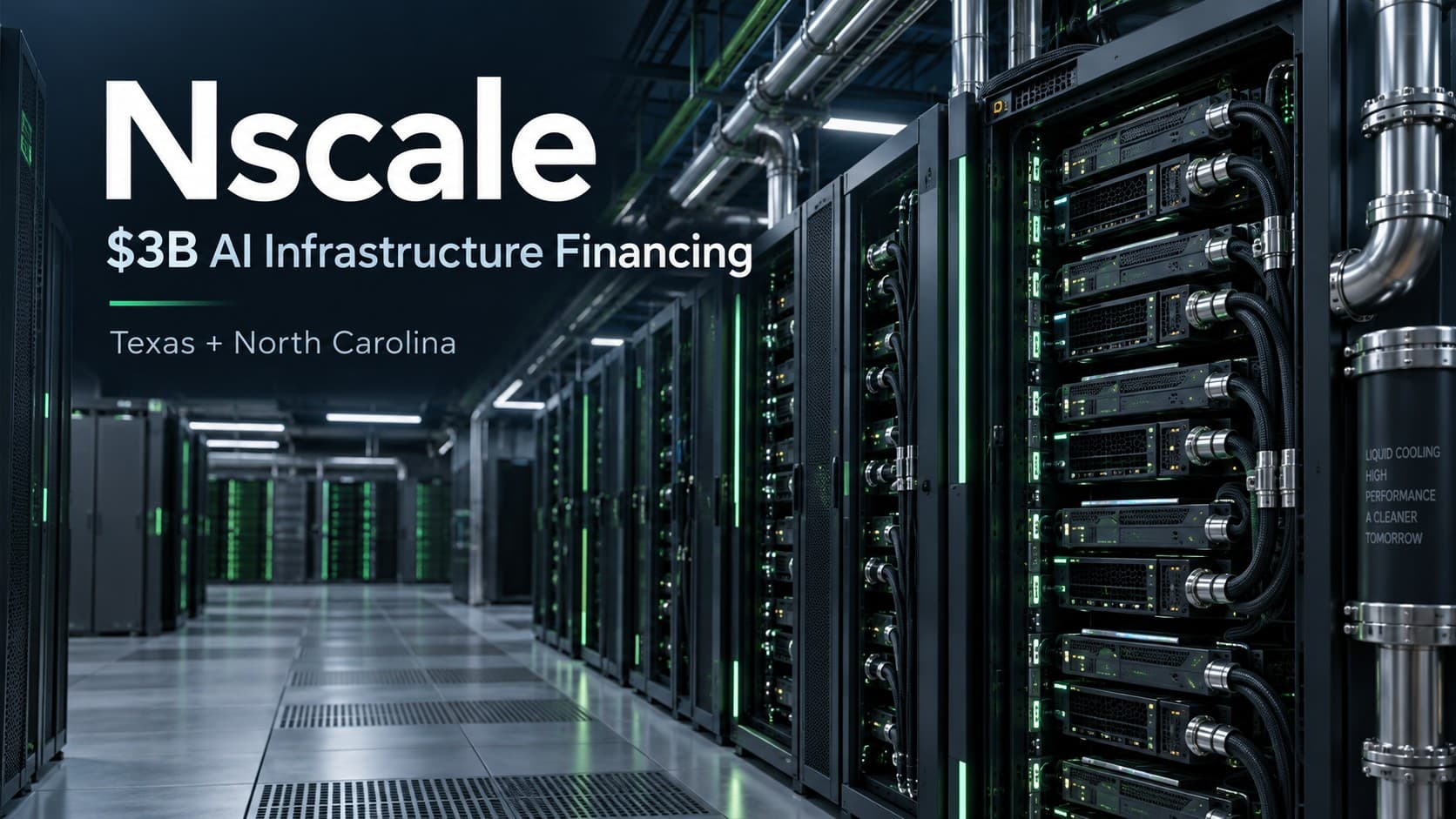 AI-generated illustration of liquid-cooled server racks with Nscale lettering, highlighting $3 billion in AI infrastructure financing for Texas and North Carolina.